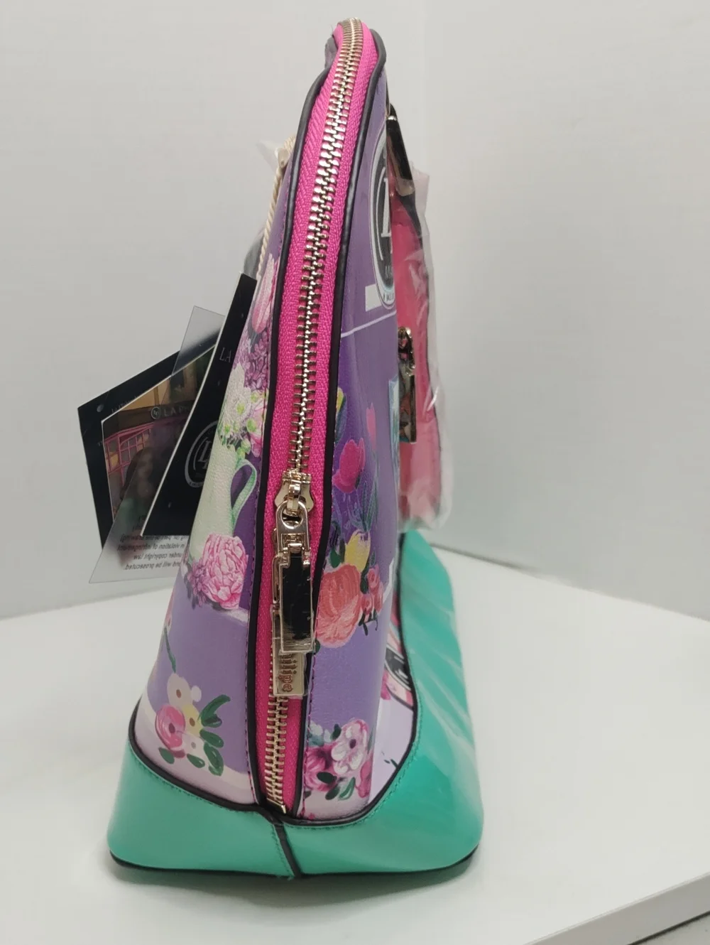 LA Philipe Pink & Teal Graphic Dome Handbag With Strap NWT With Dust Bag.